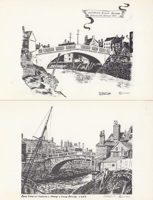 Stone Bridge River Cambs Wisbech 2x Painting Postcard s