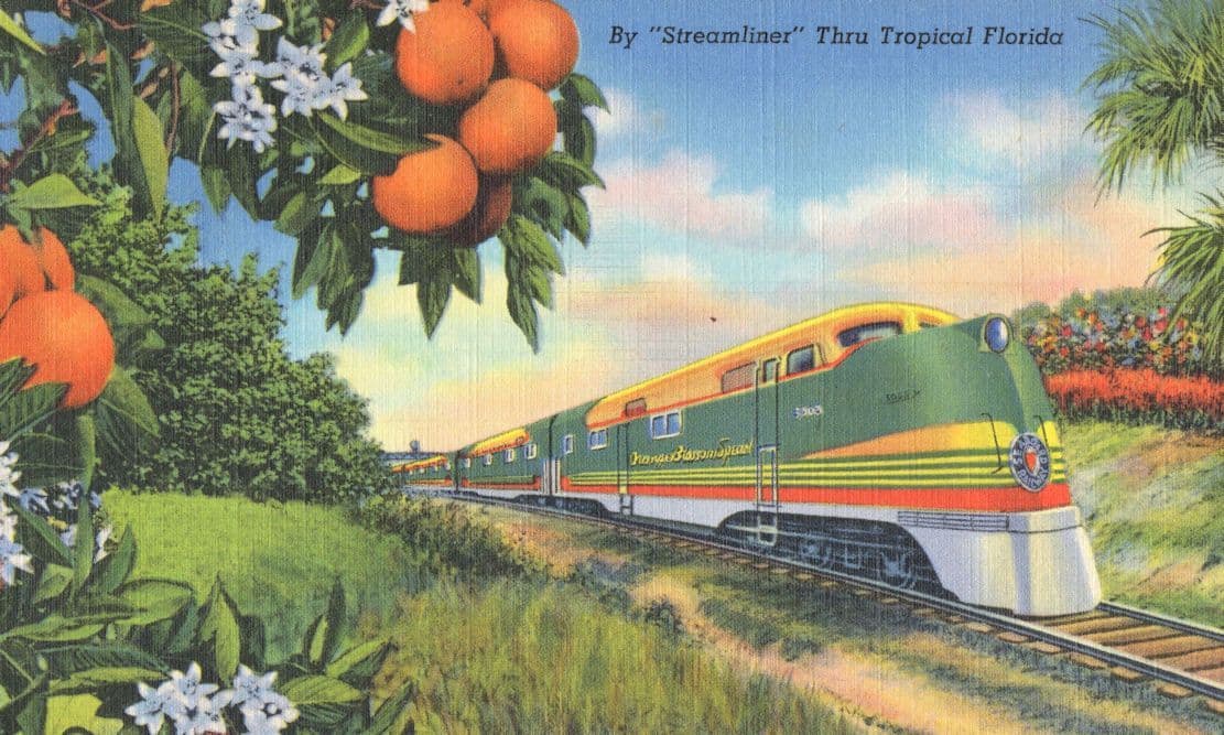 Streamliner Passing Orange Tropical Paradise Florida USA Train Linen WW2 Postcard