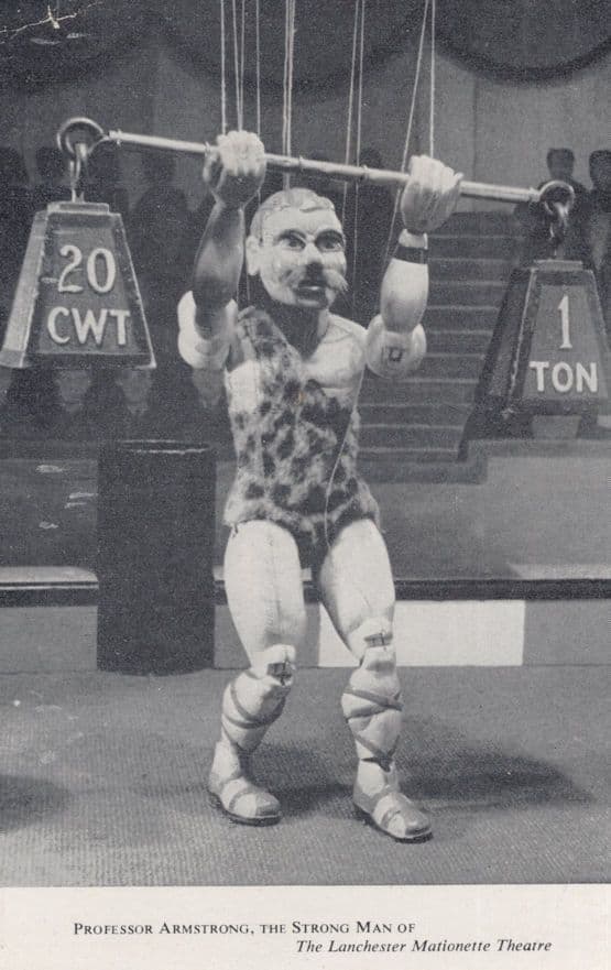 Strong Man Muscle Builder Weight Lifting Marionette Puppet Theatre Old Postcard