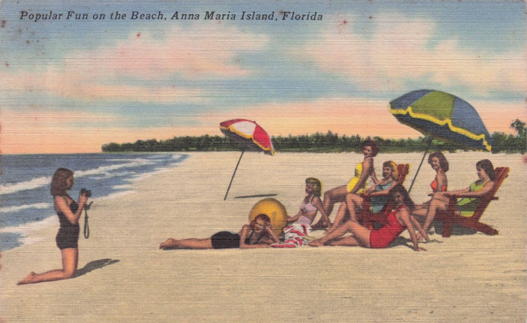 Sunbathing Women Popular Fun on Beach Anna Maria Island Florida USA Linen Postcard