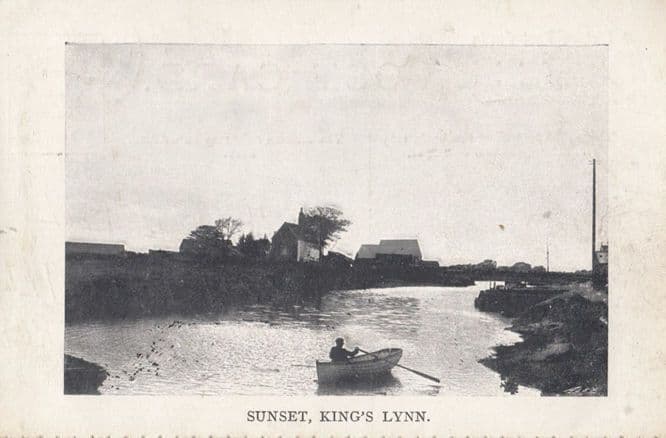 Sunset at Kings Lynn Norfolk Rowing Boat Antique Postcard