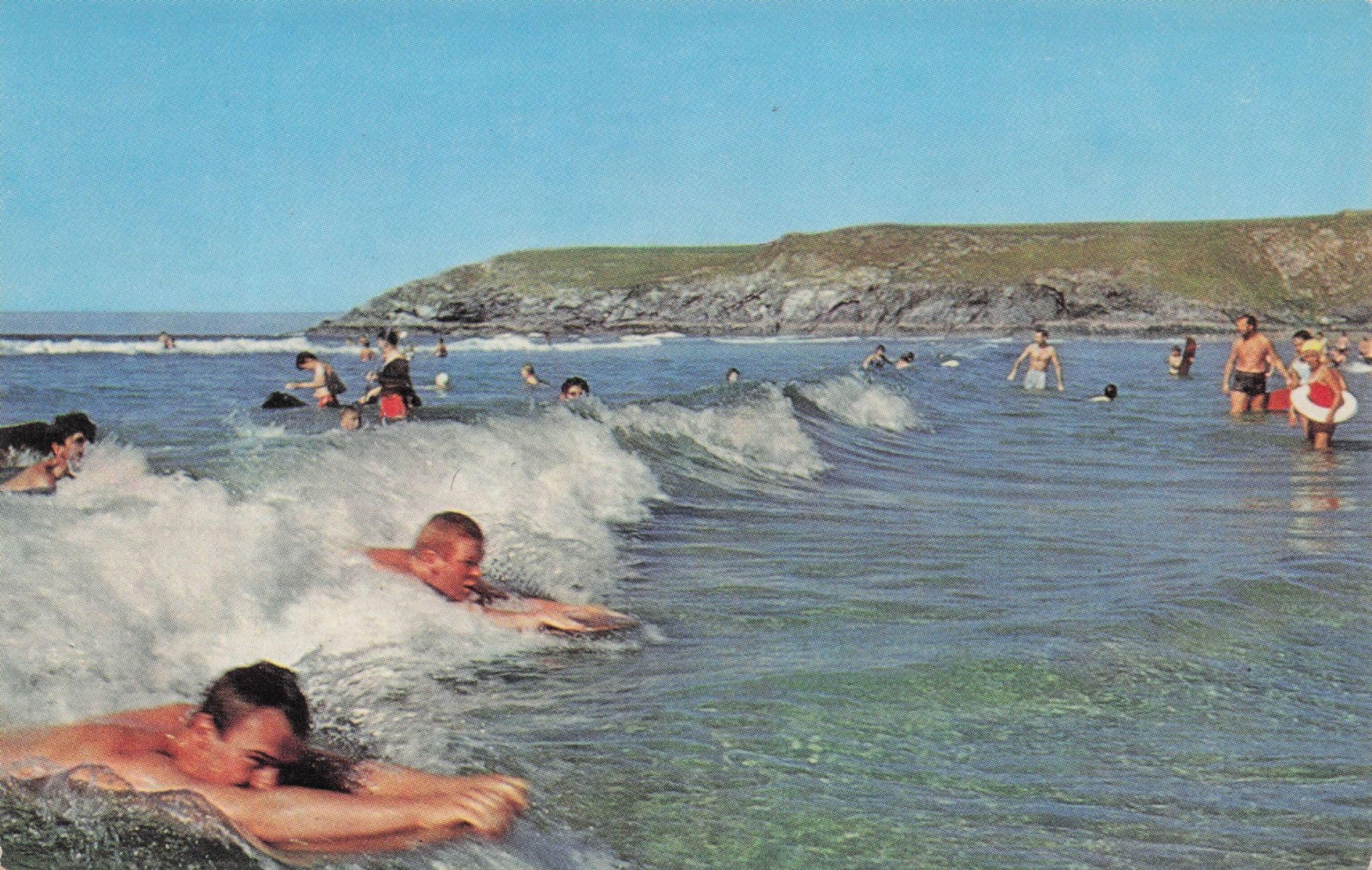 Surf Bathers Surfing Race at Cornwall Rare 1970s Postcard