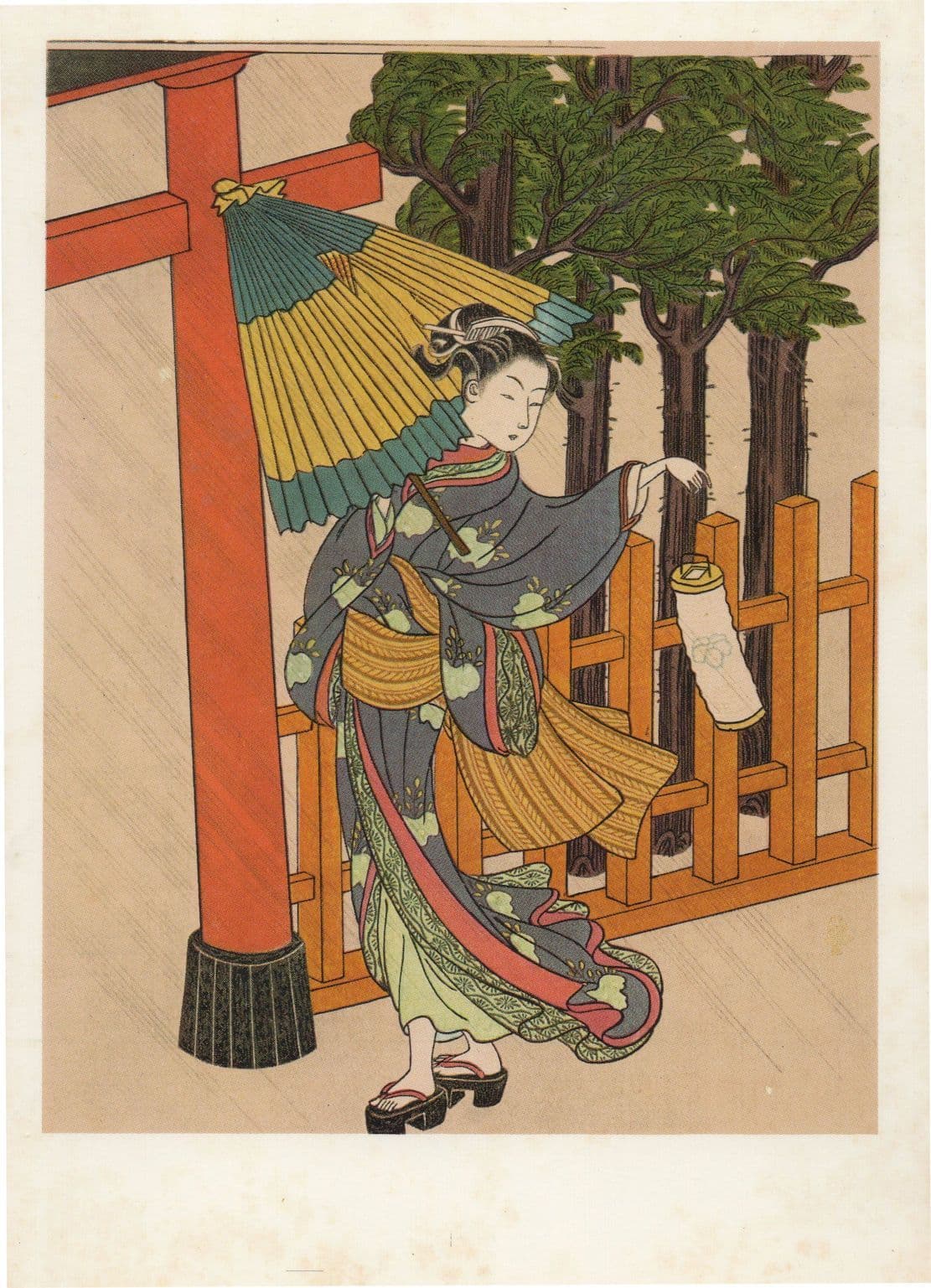 Suzuki Harunobu Jeune Femme Sous La Pluie Geisha Painting Postcard