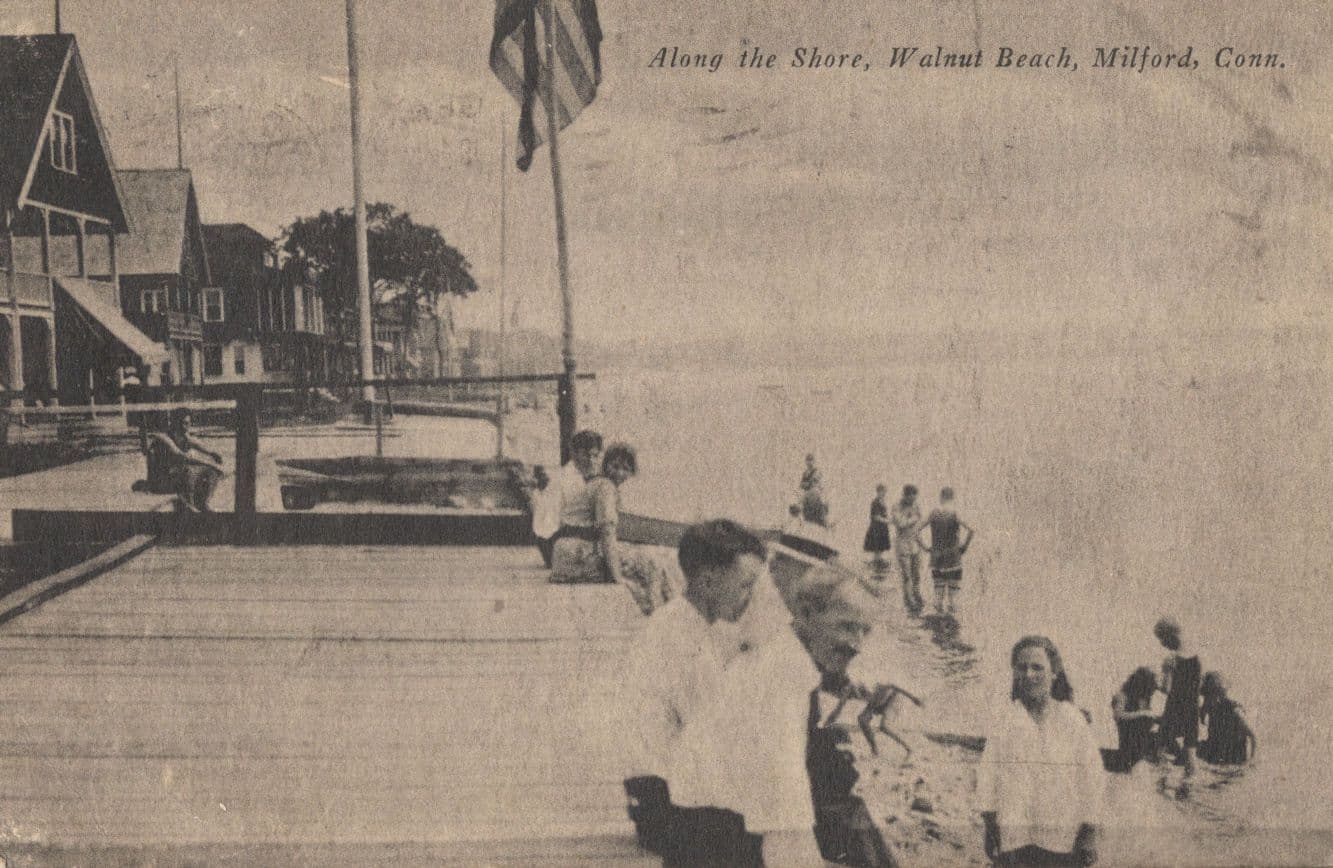 Swimmers at Walnut Beach Shore Flag Milford USA Character Old Postcard