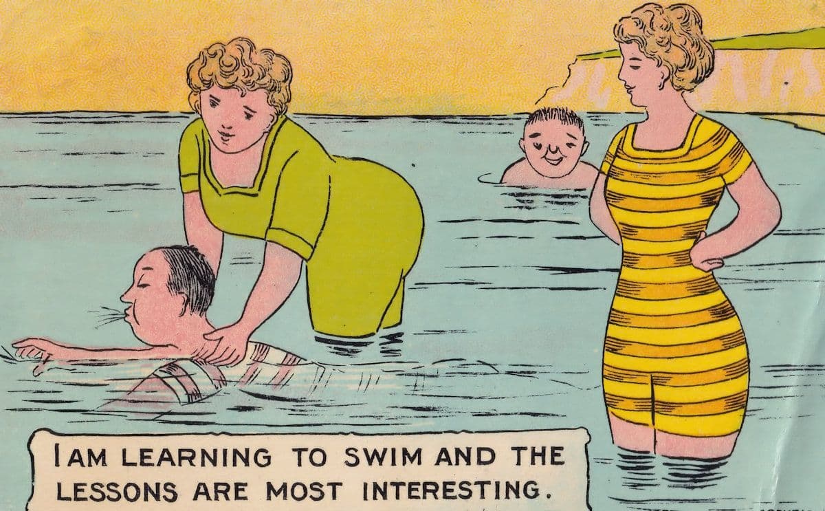 Swimming Lessons Women Teaching Men Old Comic Humour Postcard