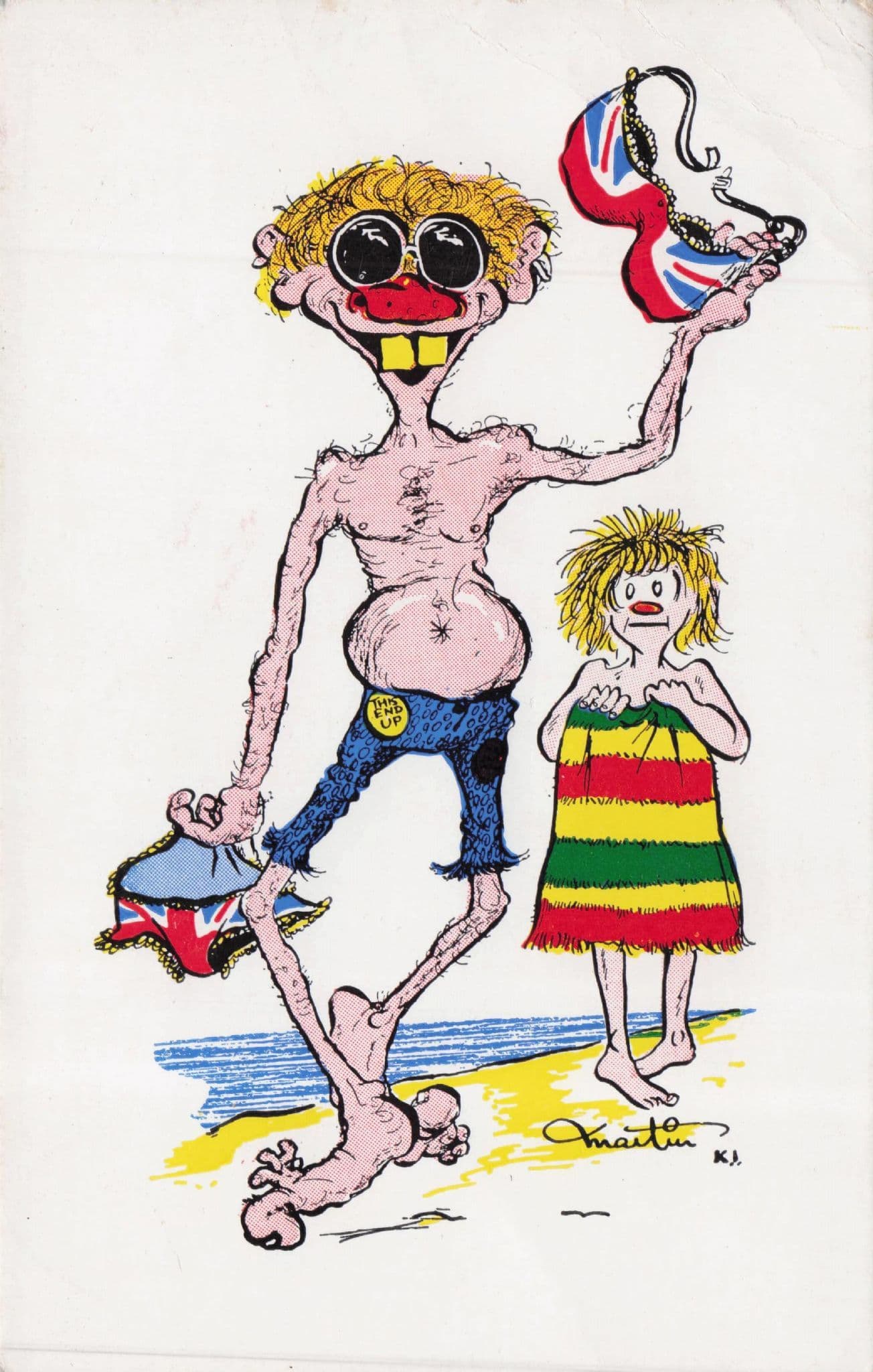 Swimming Union Jack Goggles Glasses Pants 1970s Comic Postcard