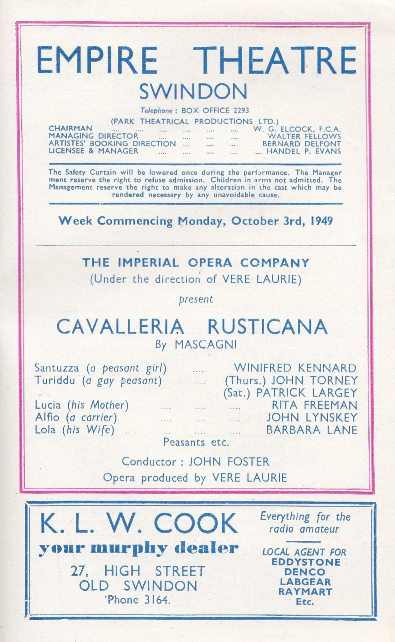Swindon Wiltshire 2x Opera Theatre Programme s of Faust Cavalleria Rusticana
