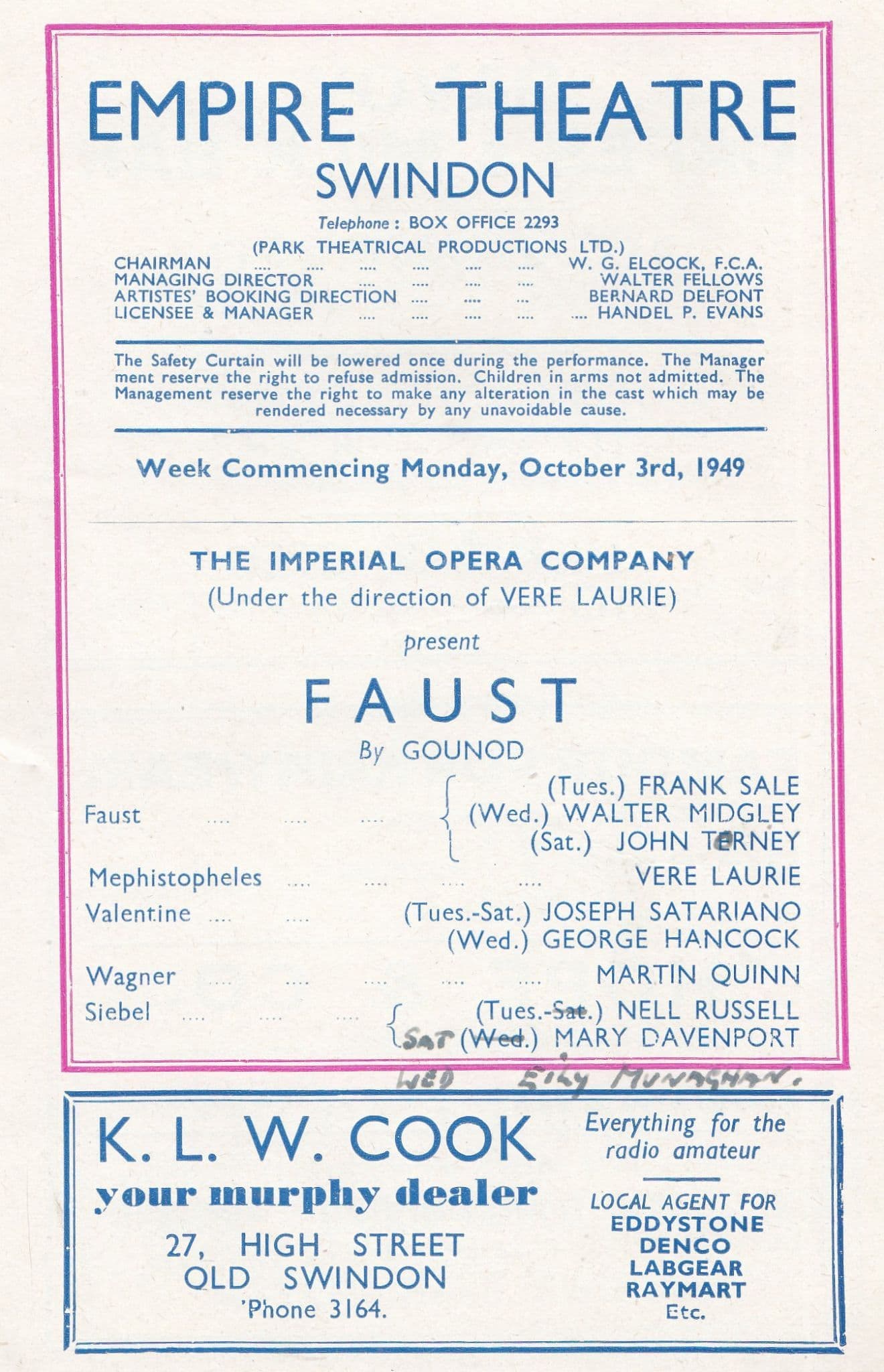 Swindon Wiltshire 2x Opera Theatre Programme s of Faust Cavalleria Rusticana