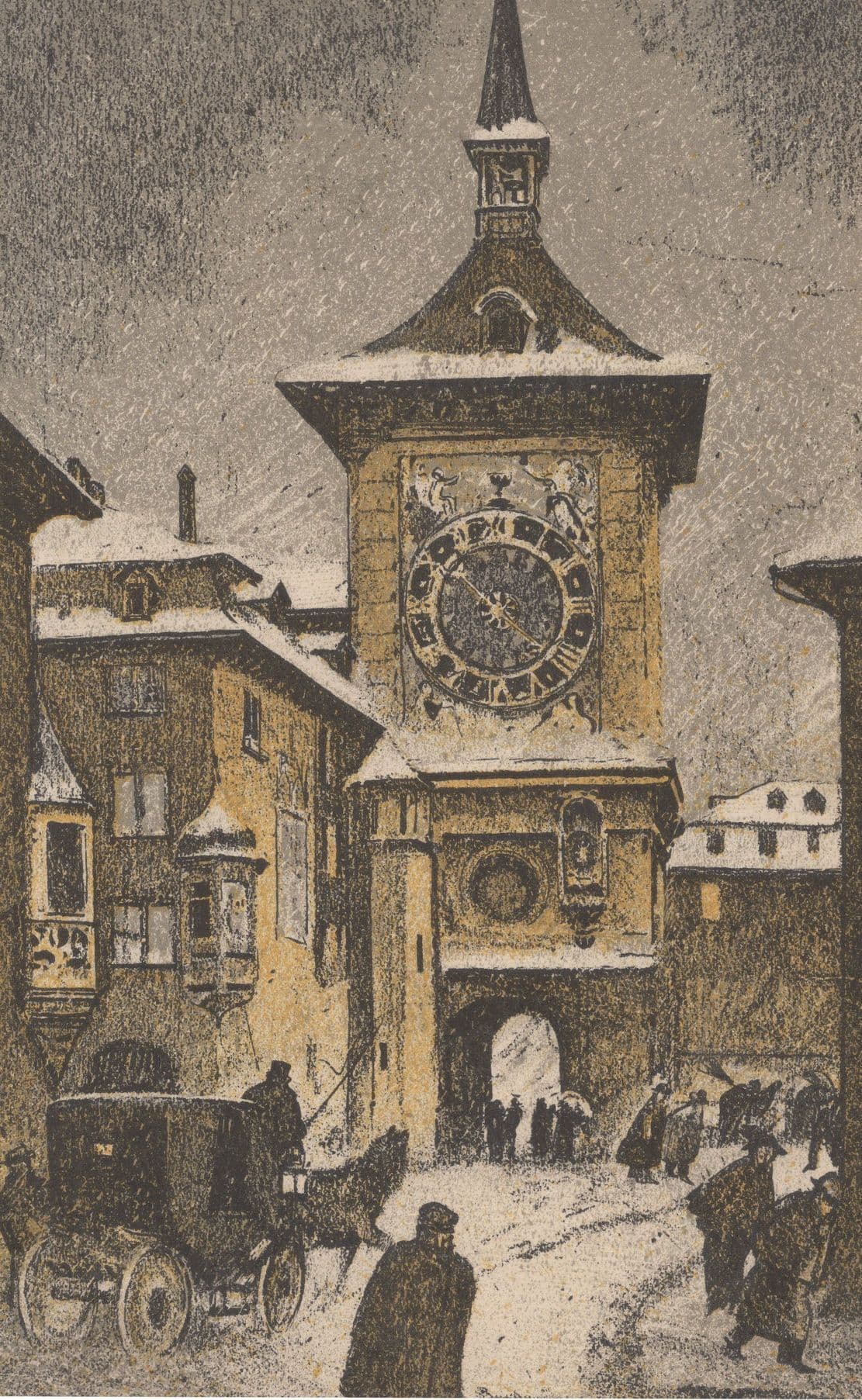 Swiss Clock Bern Zeitclockenturm Switzerland Old Painting Postcard