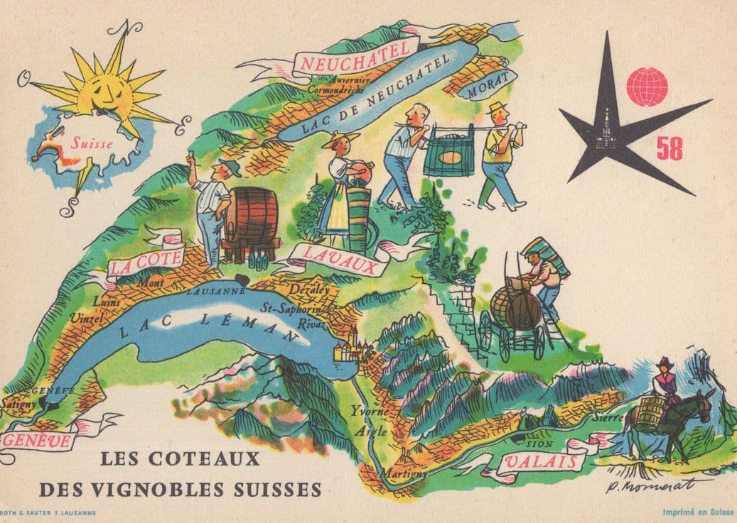 Switzerland Old 1958 Map Beer Barrels River Lake Postcard