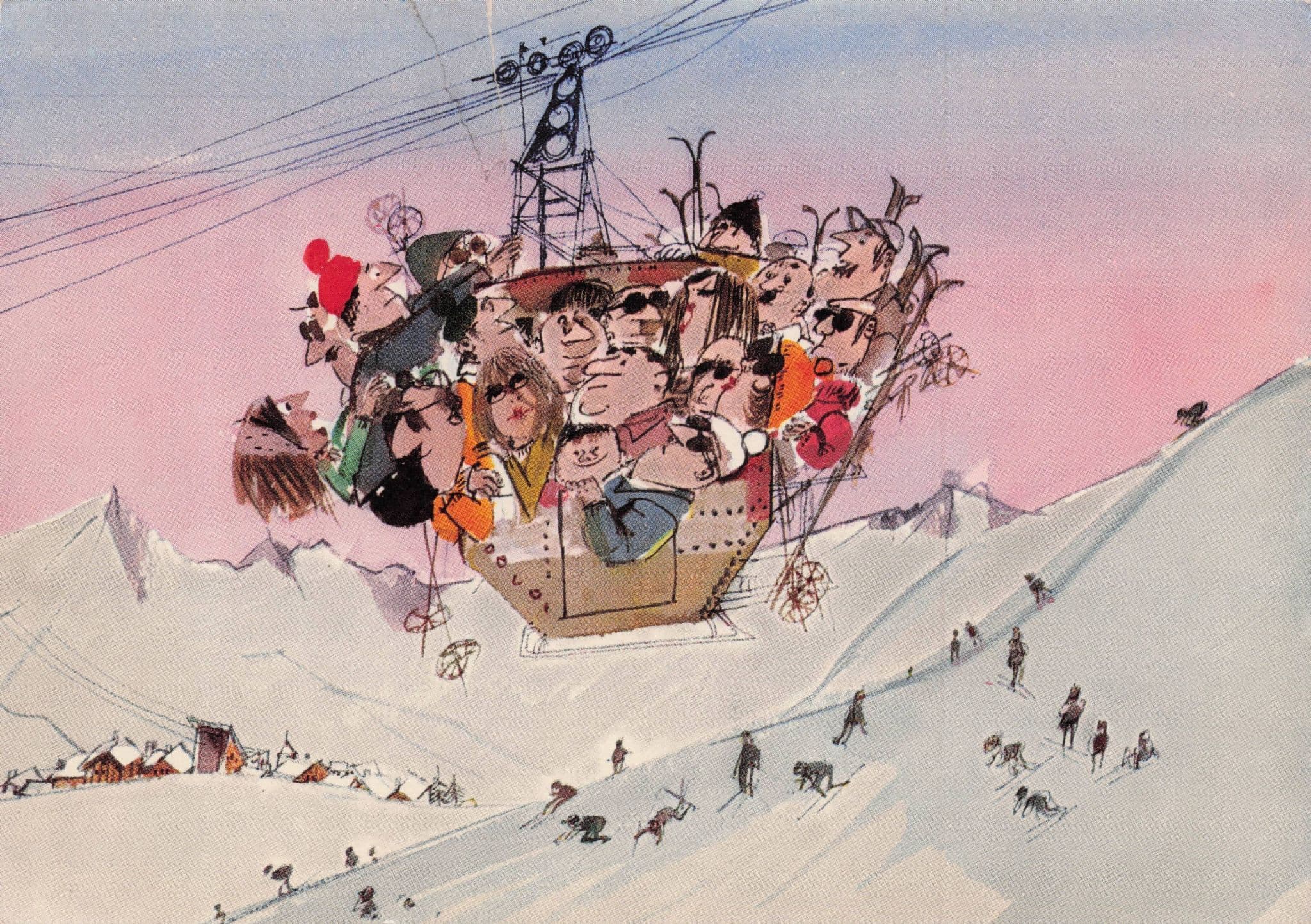 Switzerland Overcrowded Chair Lift Disaster Comic Postcard
