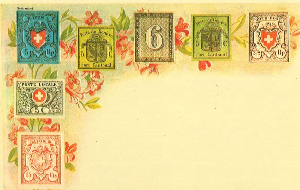 Switzerland Set Of Rare Stamps Raised Antique But Repro Swiss Rare Postcard