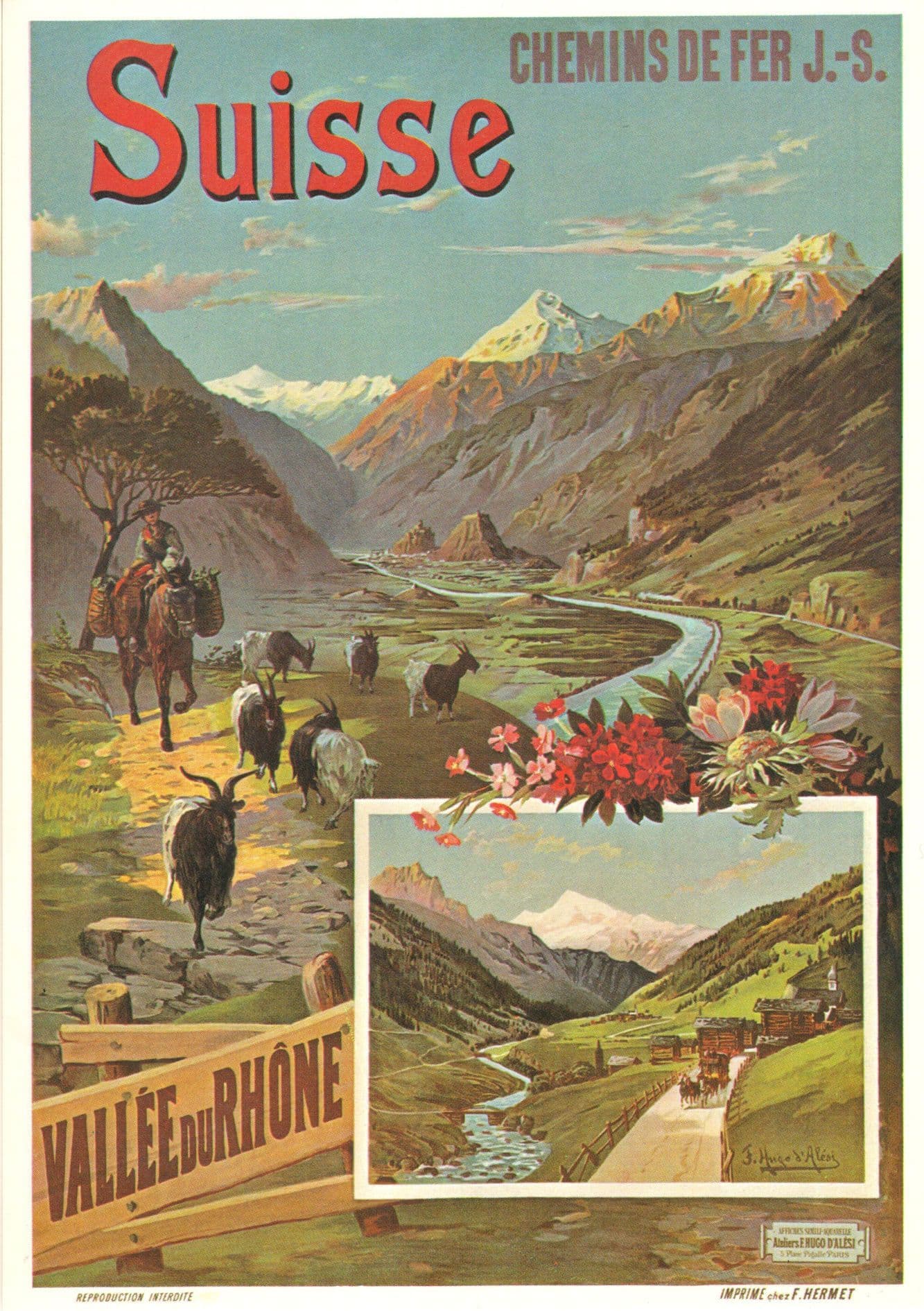 Switzerland Vallee Du Rhone Valley 1895 Jura Simplon Swiss Poster Postcard