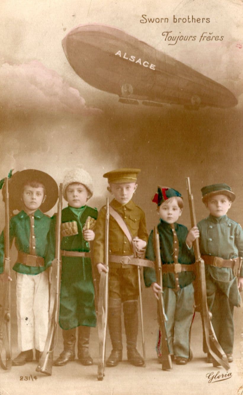 Sworn Brothers French WW1 Alsace Military Airship Children Guns Old Postcard