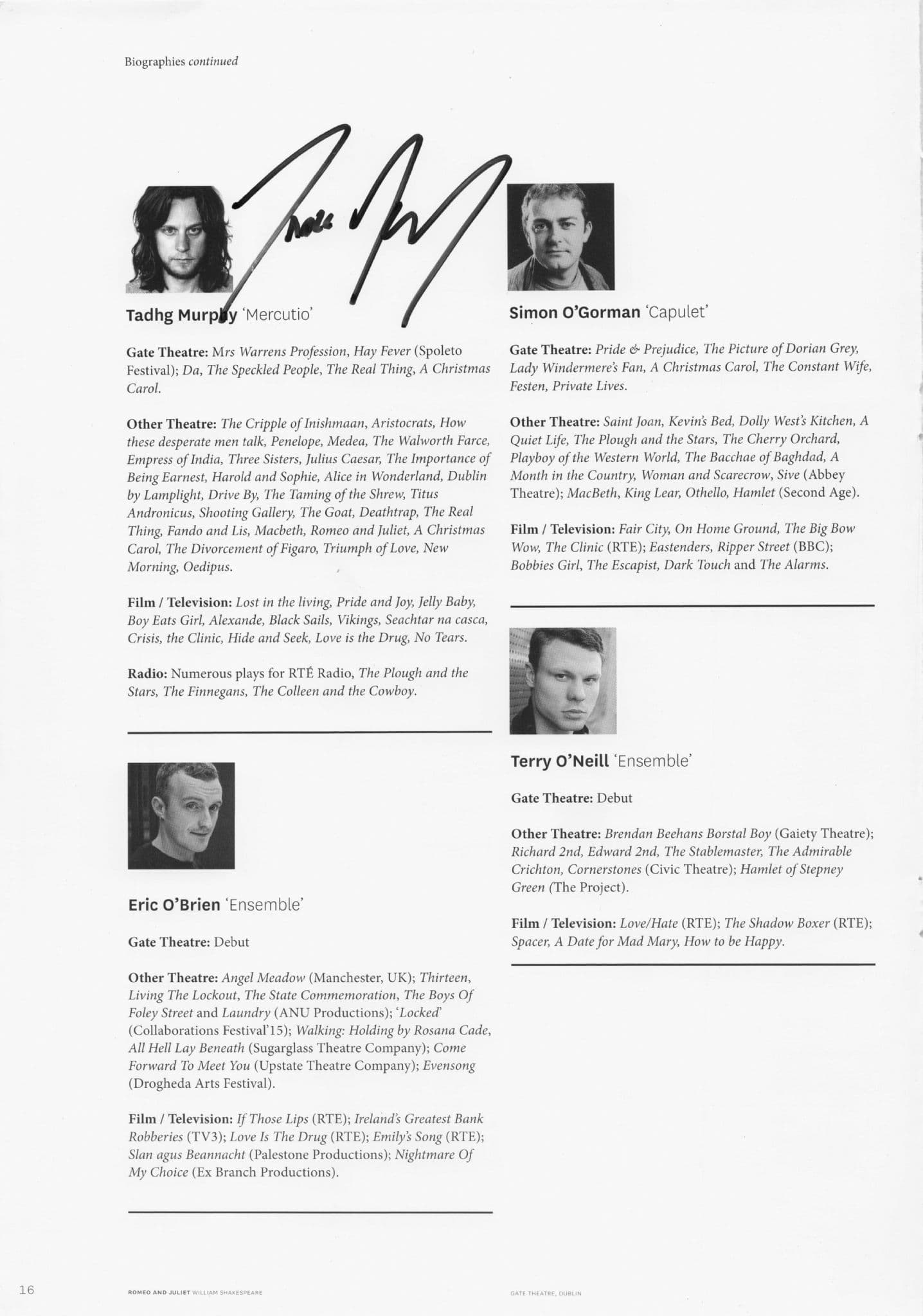 Tadhg Murphy Vikings Brassic Black Sails Hand Signed Photo Theatre Page