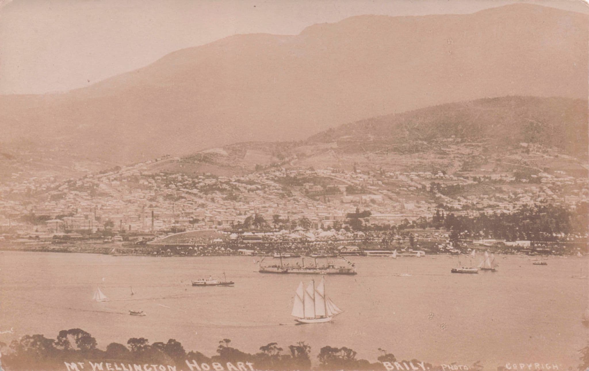 Tall Ship At Mt Wellington Hobart New Zealand Antique Real Photo Postcard
