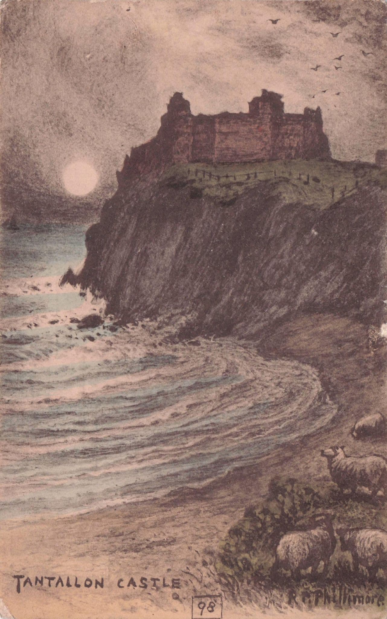 Tantallon Castle Dungeon Sunset Sheep Phillimore Rare Old Postcard