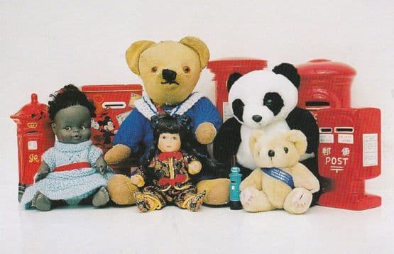 Teddy Bear Family incl Panda Bear Toy Dolls at Letter Pillar Boxes Postcard