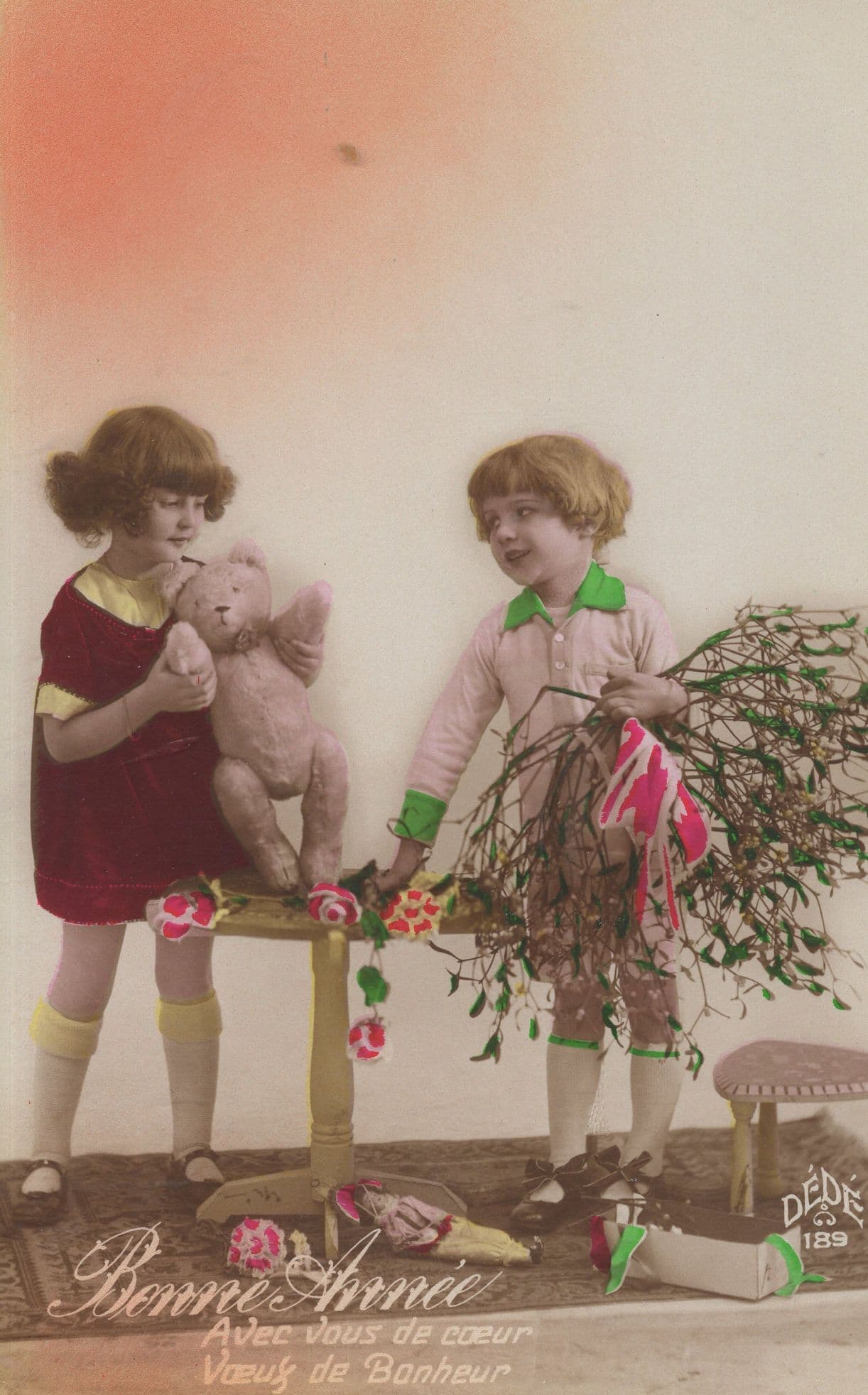 Teddy Bear Mistletoe Packed Away Happy New Year Old Tinted Postcard