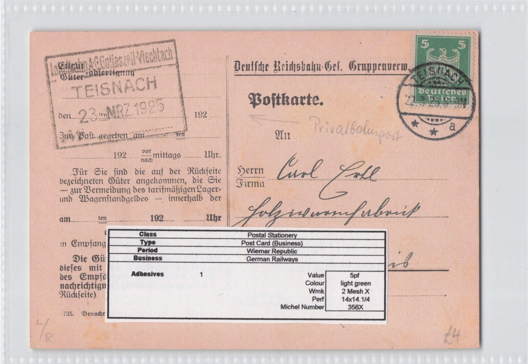 Teisnach German Train Railways 1925 Old Postal History Postcard