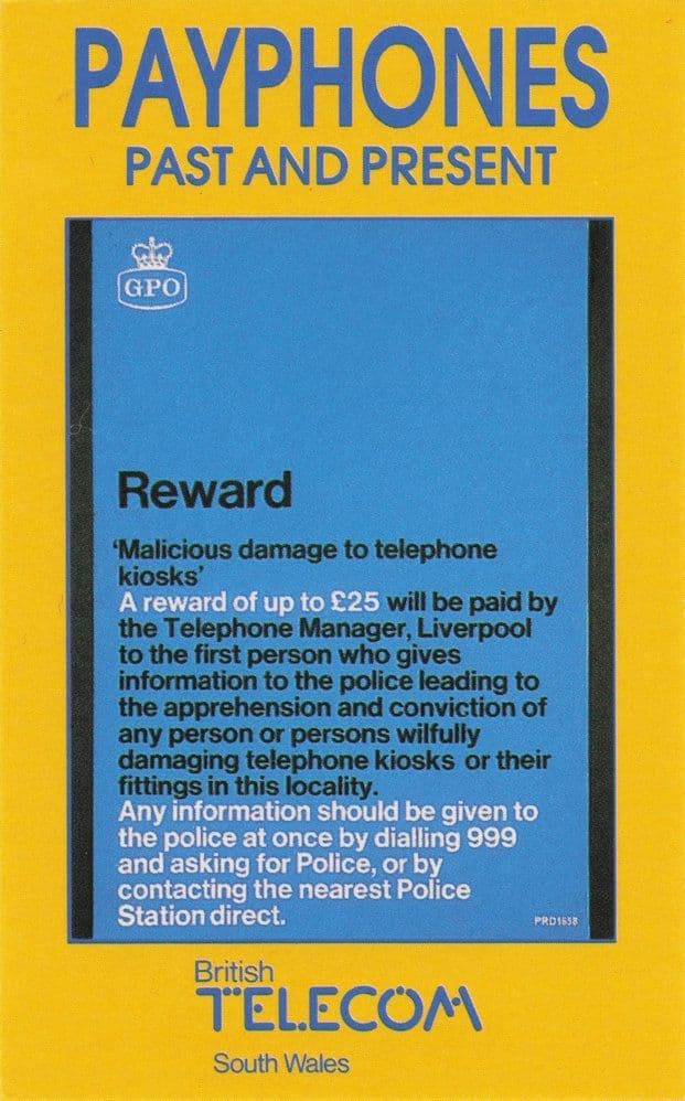Telephone Box 1980s Vandalism Reward Poster BT Police Photo Card