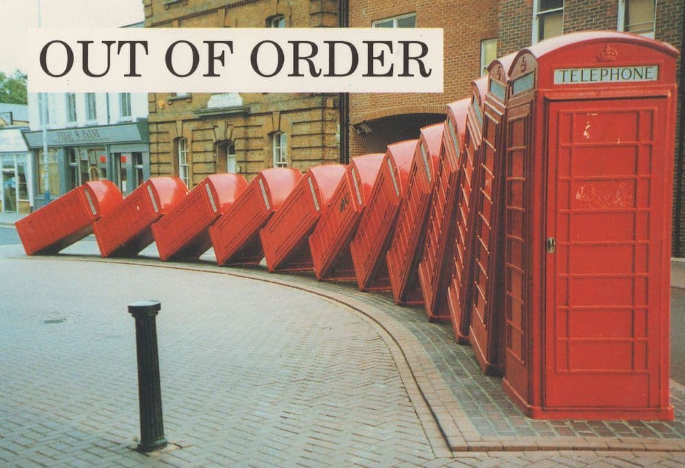 Telephone Box Out Of Order Comic Collapsing London Postcard