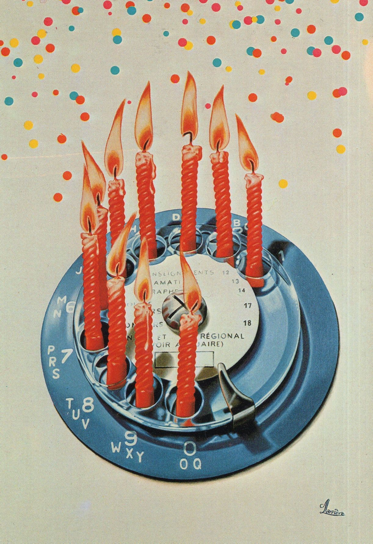 Telephone Dial Birthday Cake Burning Disaster Evil Painting Postcard