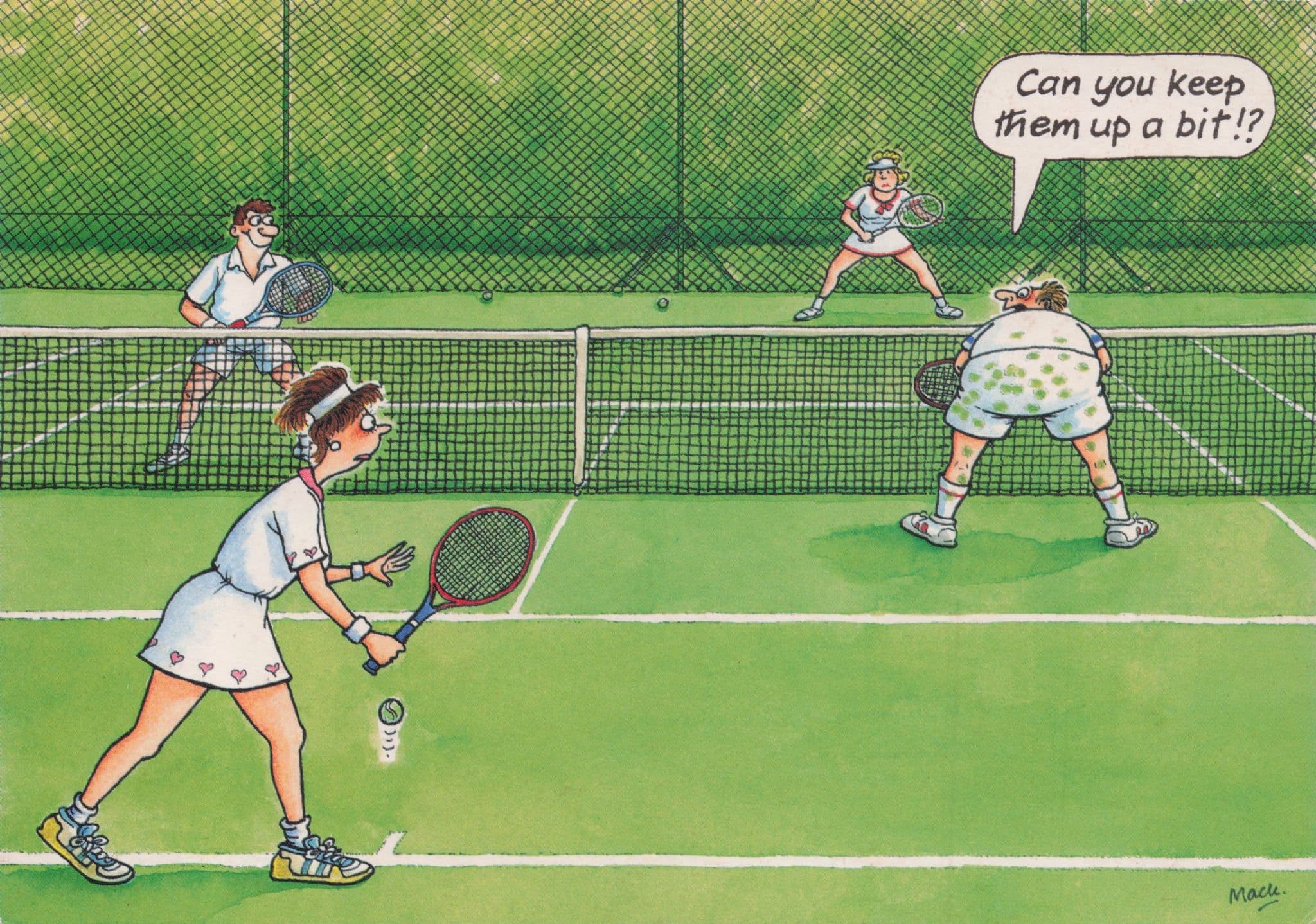 Tennis Wimbledon Style Doubles Bad Serving Game Comic Postcard