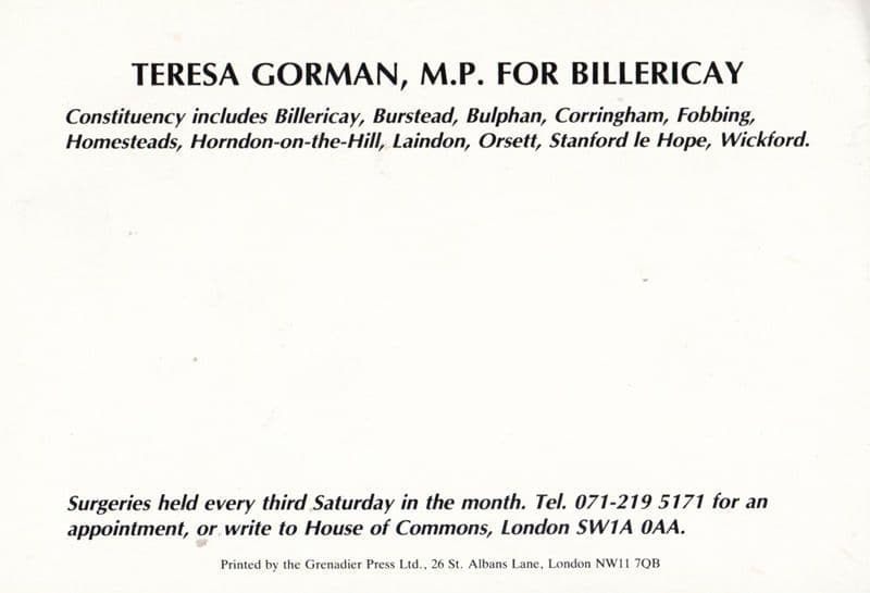 Teresa Gorman Billericay Conservative MP Campaign Postcard Hand Signed Photo
