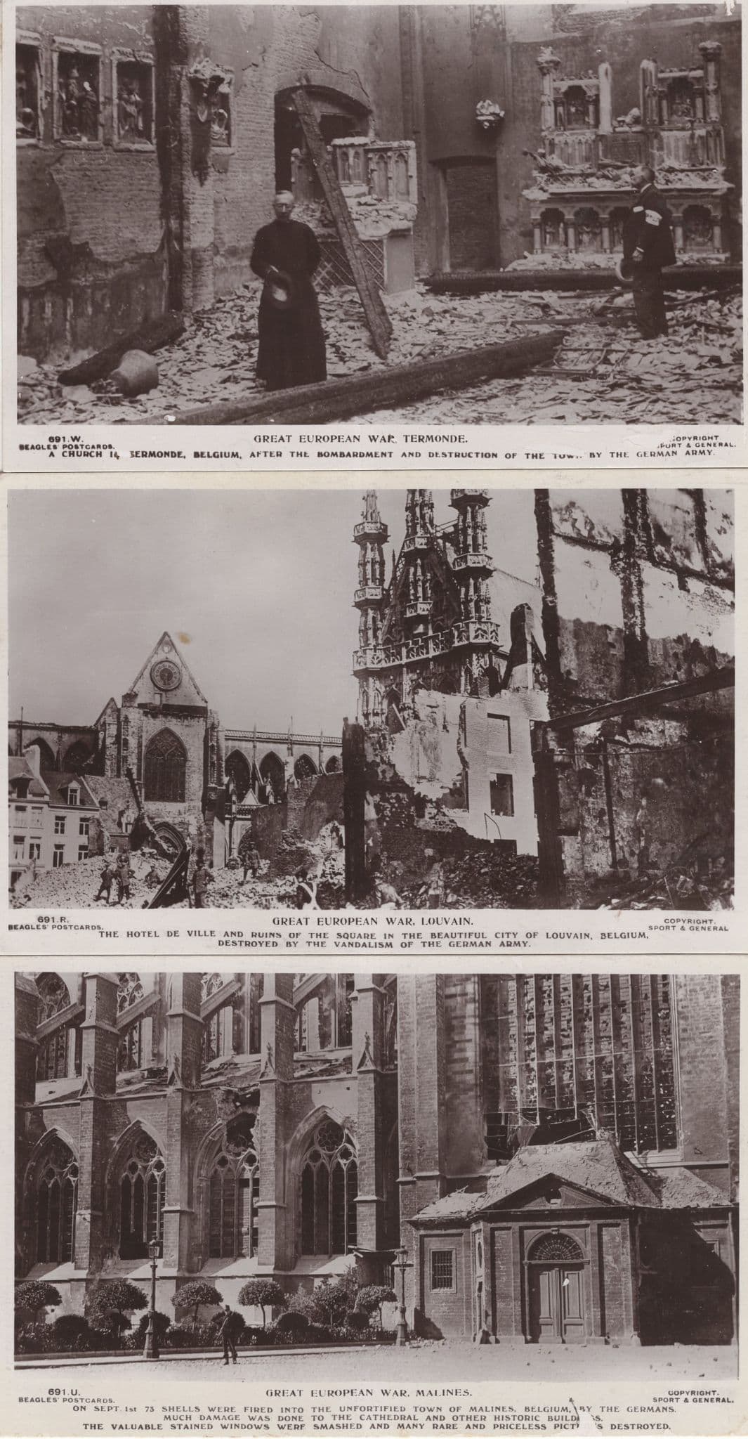 Termonde WW1 Bombardment Malines Louvain 3x RPC Postcard s
