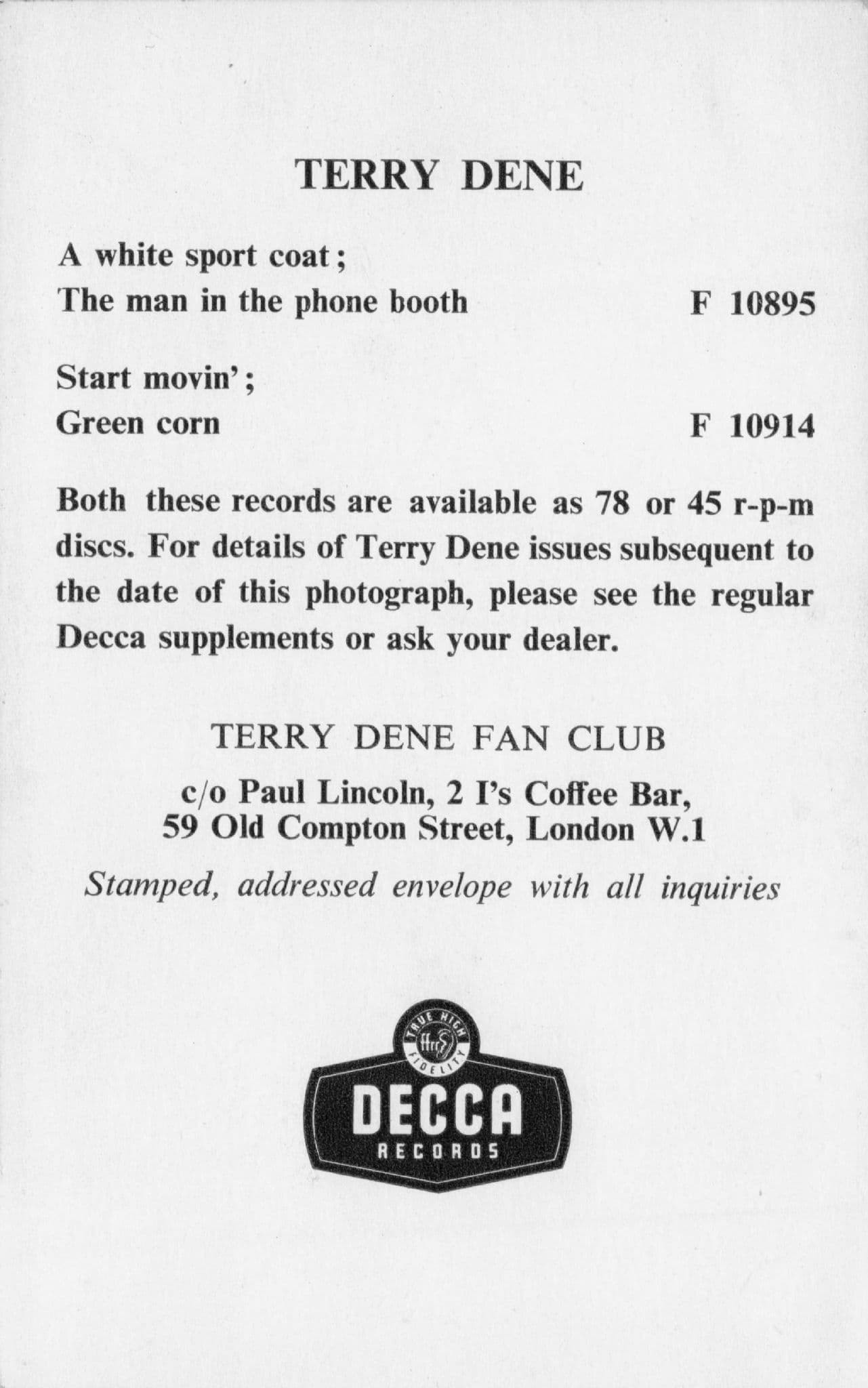 Terry Dene Decca Recording Artist Old Discography Photo