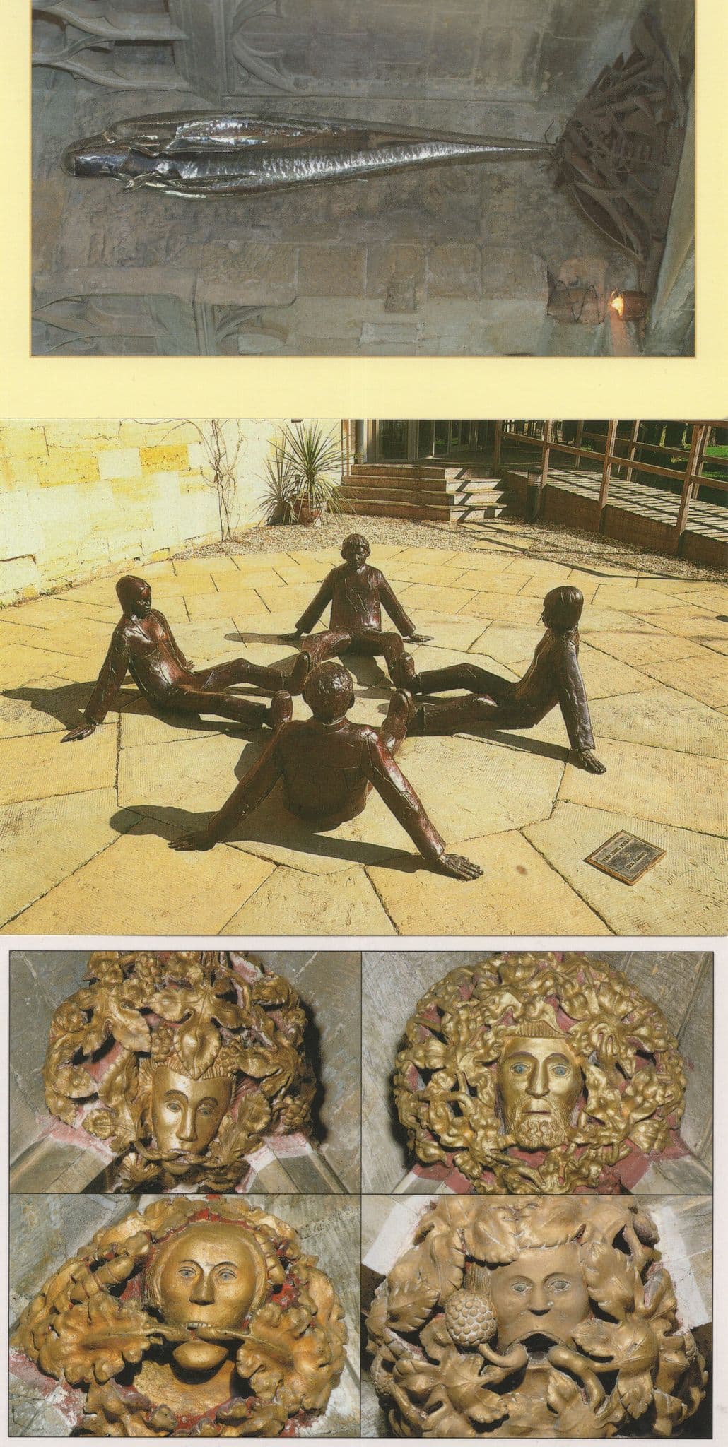 Tewkesbury Abbey Touching Souls Green Men 3x Statue Postcard s