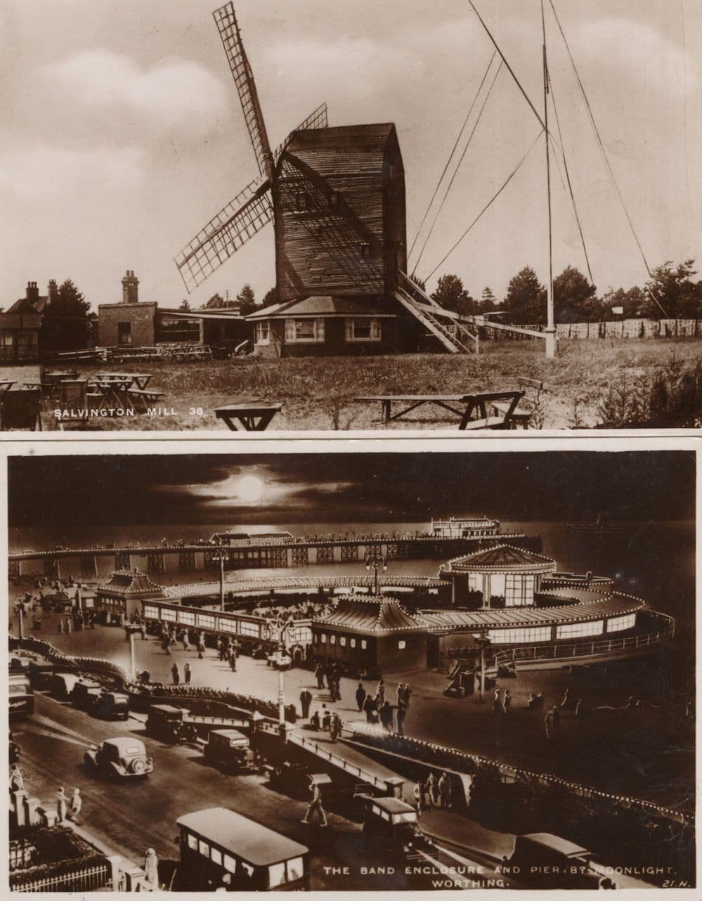 The Band Enclosure At Night Salvington Mill 2x Worthing Sussex Old Postcard s