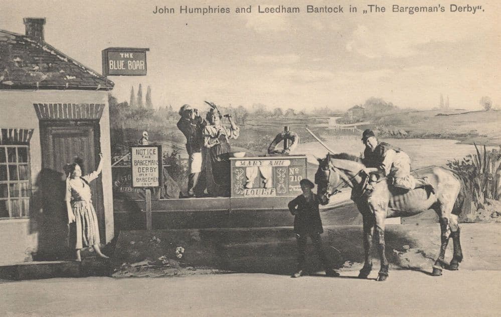The Bargeman's Derby Binoculars Boat Pub Glamour Horse Jockey Old Postcard