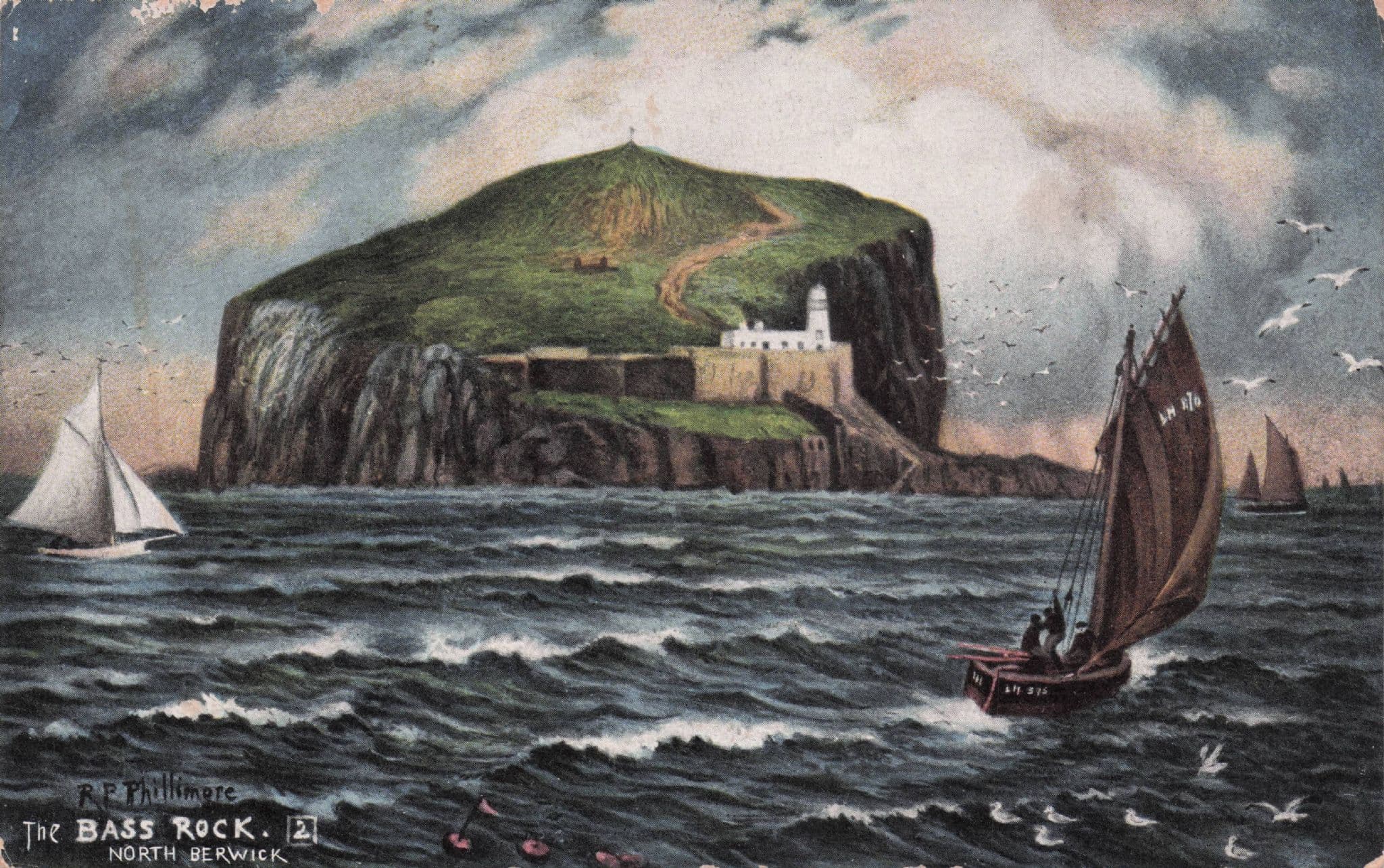 The Bass Rock North Berwick Boat In Wind Antique R Phillimore Painting Postcard