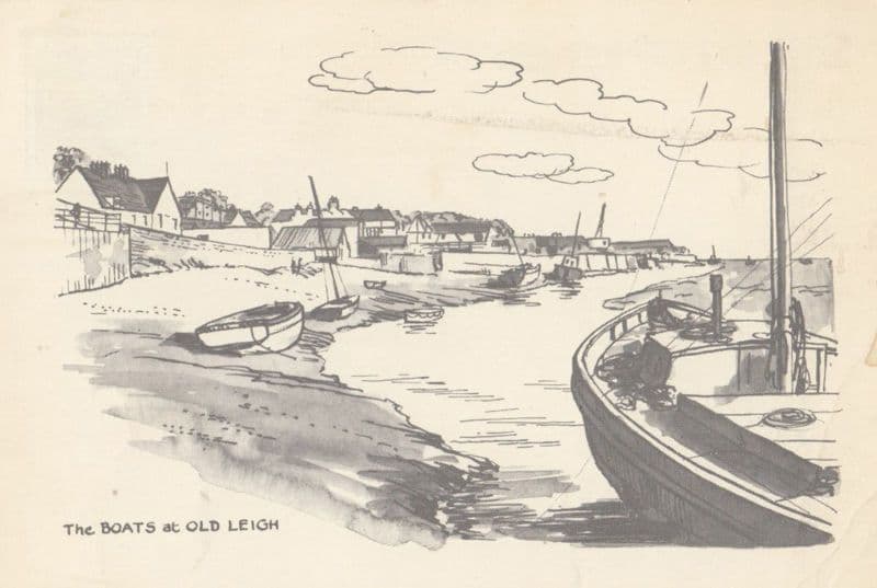 The Boats at Old Leigh On Sea Vintage 1970s Shipping Artist Drawing Postcard