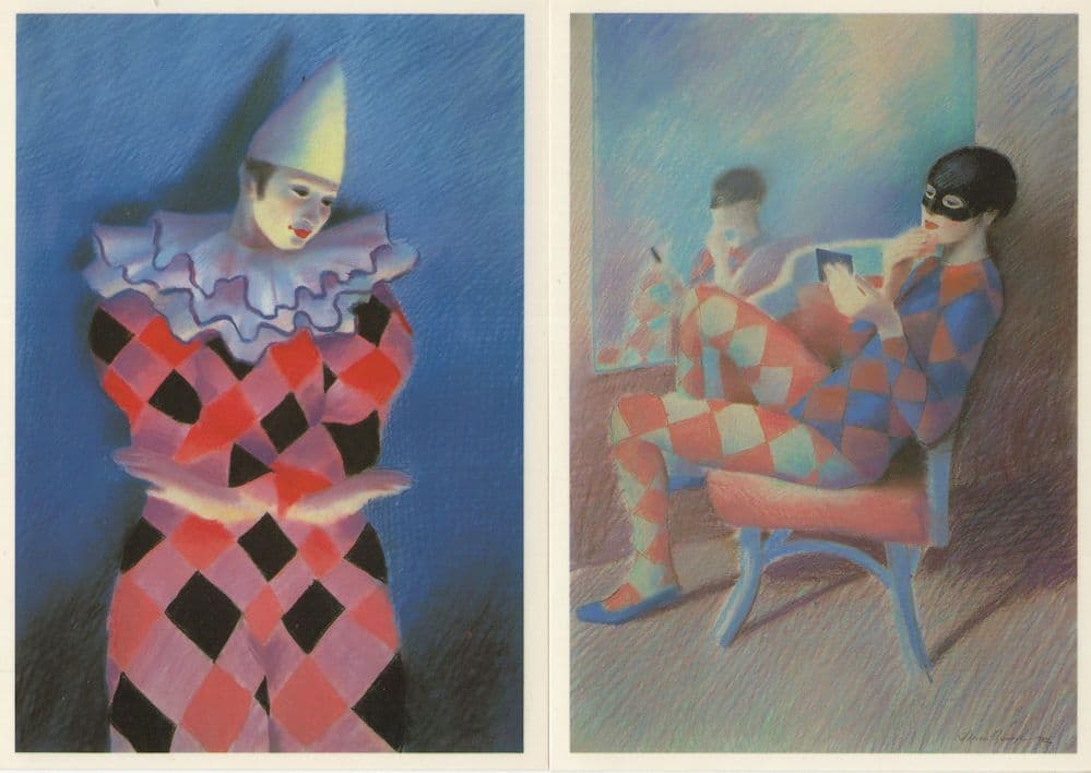 The Clown Dressing Room Pierrot Adrian George 2x Postcard s