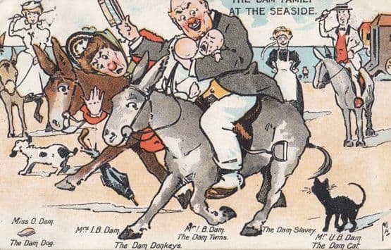 The Dam Family at the Seaside Hijack Beach Donkey Rides Antique Comic Postcard