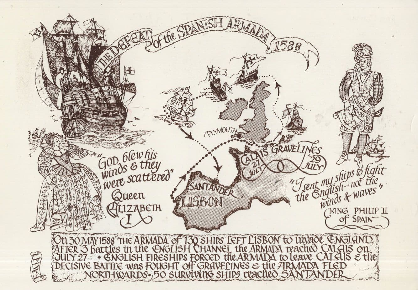 The Defeat Of The Spanish Armada Ship Queen Elizabeth I Postcard