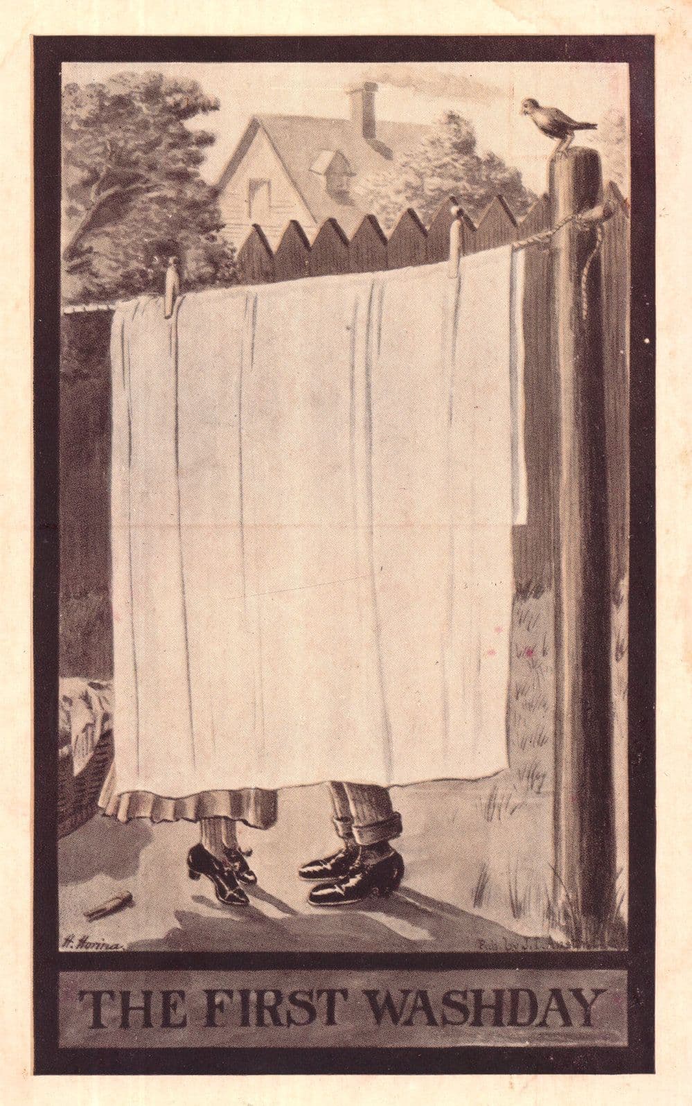 The First Washday Antique Making Love Behind A Sheet Comic Postcard