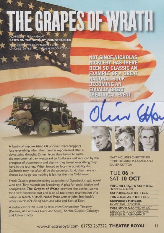The Grapes Of Wrath Oliver Cotton Military Plymouth Hand Signed Theatre Flyer