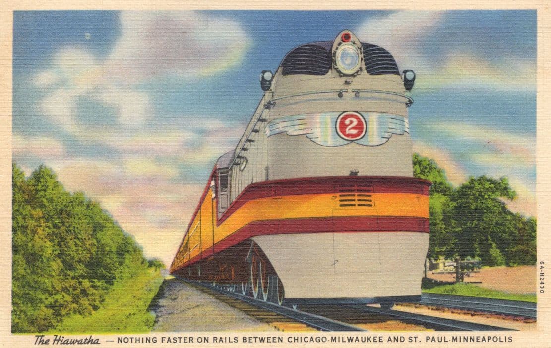 The Hiawatha Nothing Faster On Rails Chicago USA Train 1940s Linen Postcard
