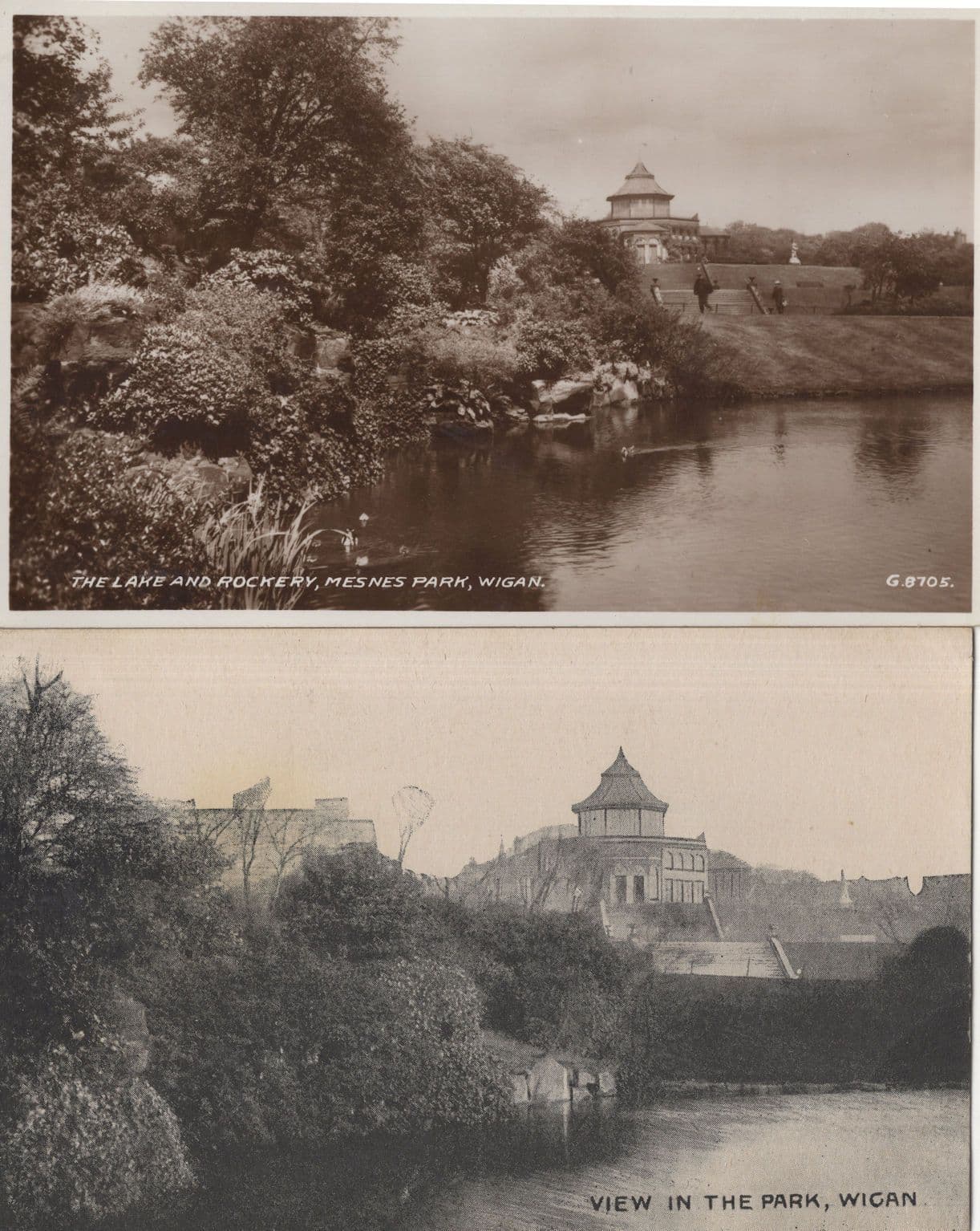 The Lake & Rockery Mesnes Park Wigan 2x WW2 Rare Old Postcard s