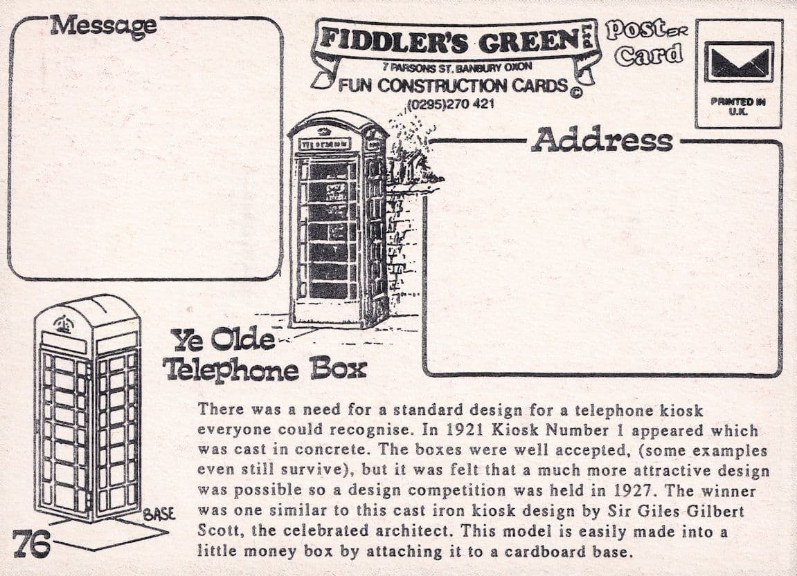 The Late Great Phonebox Telephone Model Construction Postcard
