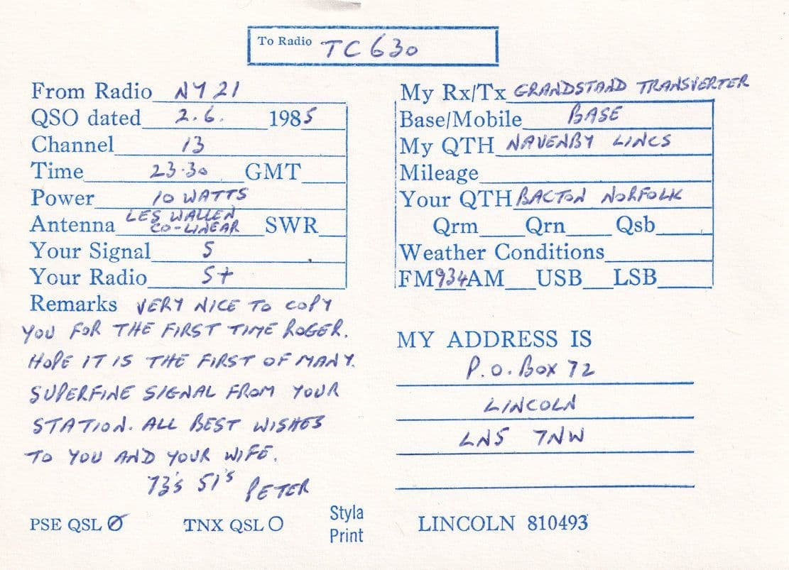 The Lincoln Lincs November Radio Yankee Group Postcard QSL Card