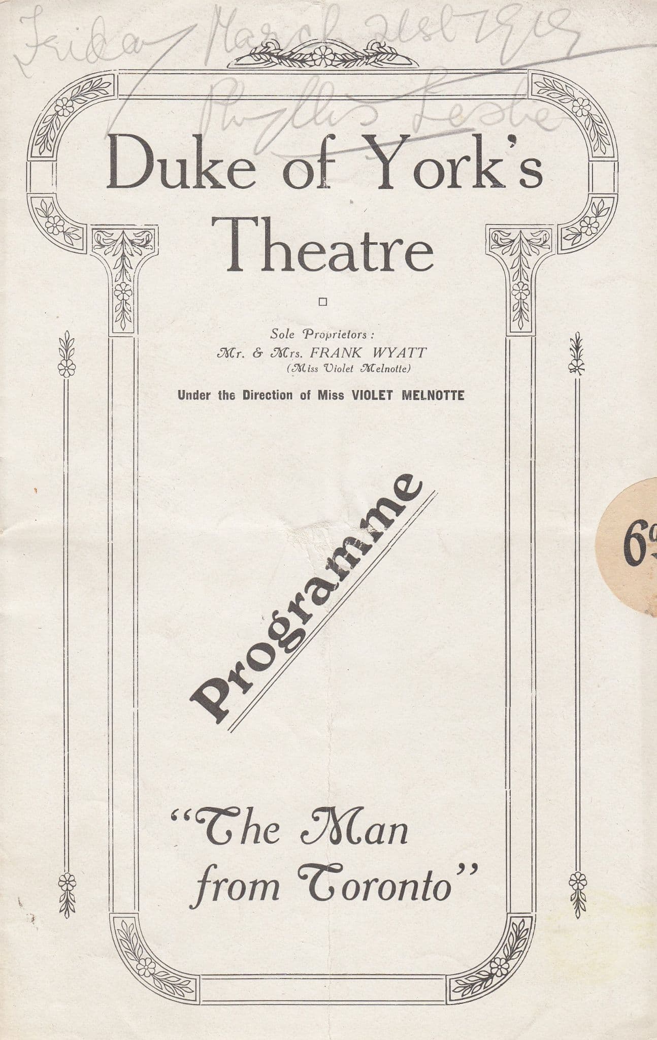 The Man From Toronto Comedy Duke Of Yorks London Theatre Programme