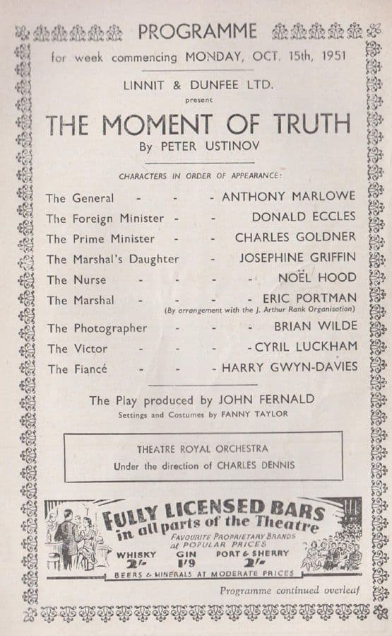 The Moment Of Truth Peter Ustinov Noel Hood Nottingham Theatre Royal Programme