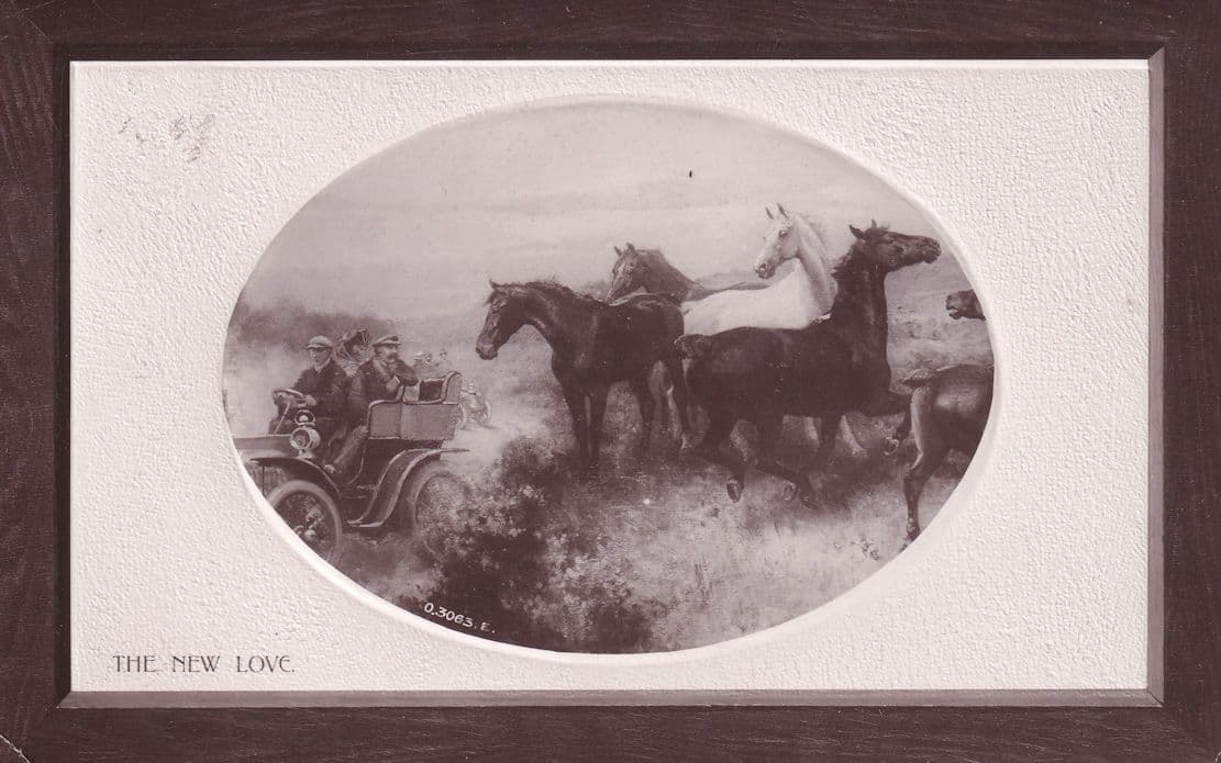 The New Love Horse Transport vs New Car Antique Postcard