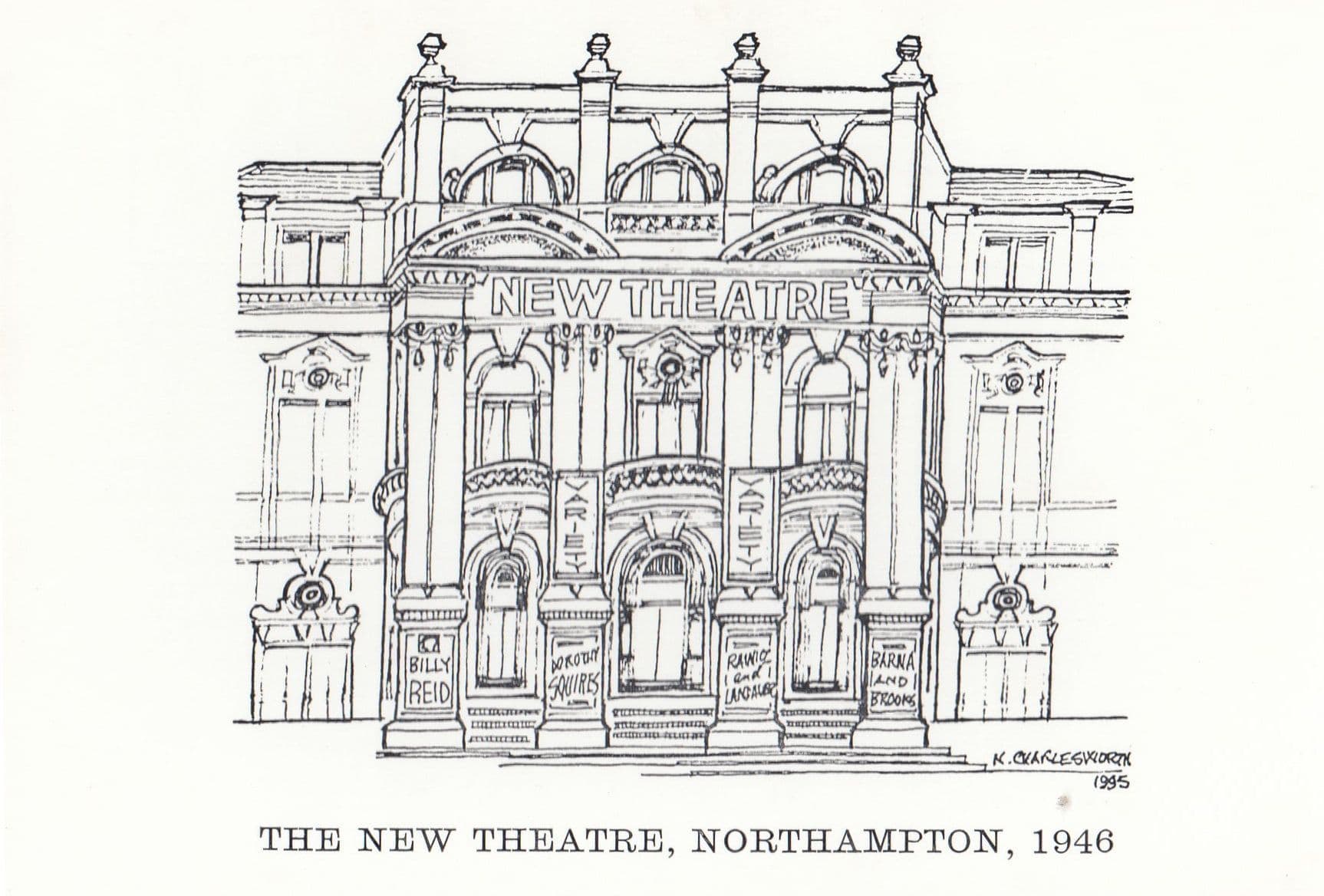 The New Theatre Northampton After WW2 1946 Painting Postcard