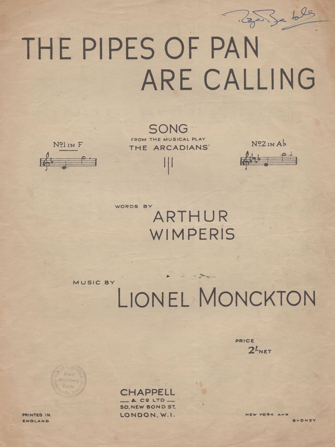 The Pipes Of Pan Are Calling Lionel Monckton Sheet Music